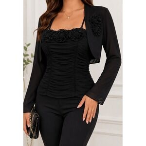 Expo New York 2 Pc Black Cropped & Ruched Top Set Women's Size 12